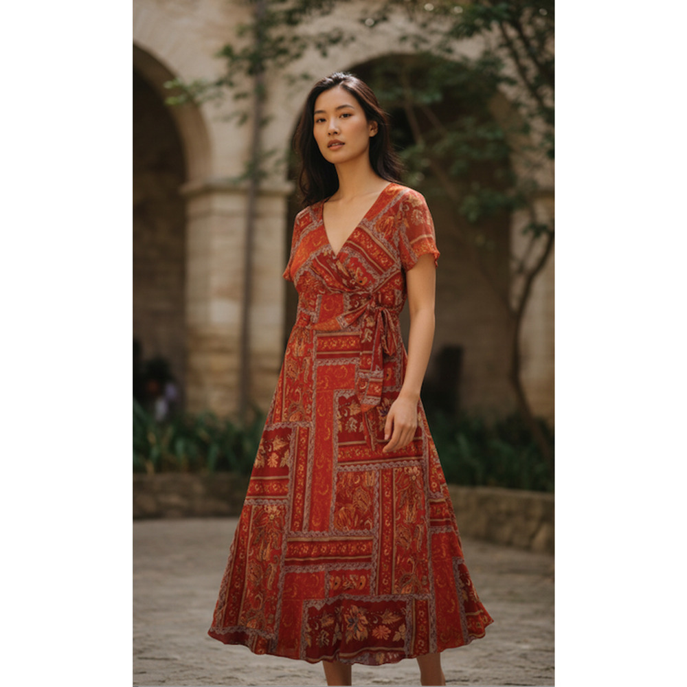 Anthropologie Style Boho Patchwork Wrap Maxi Dress Red Size 10 Lined